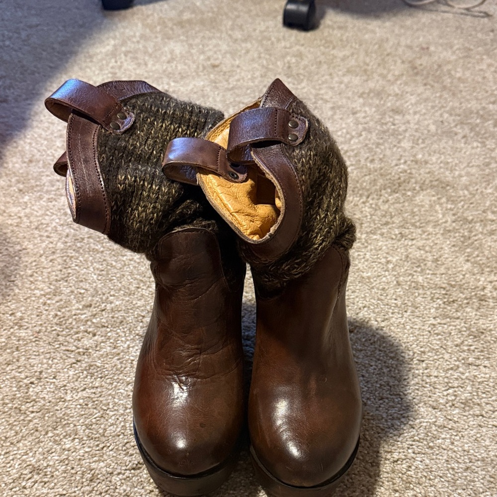 Bed Stu Brown Leather Ankle Boots with Knit Cuff